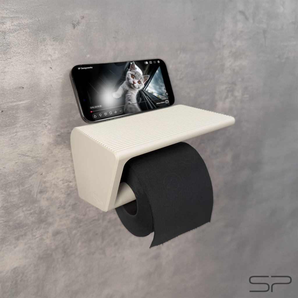 3D-gedruckter Toilettenpapierhalter mit Handy- und Tablet-Ständer sowie Ablage | variabler Betrachtungswinkel | ohne Bohren