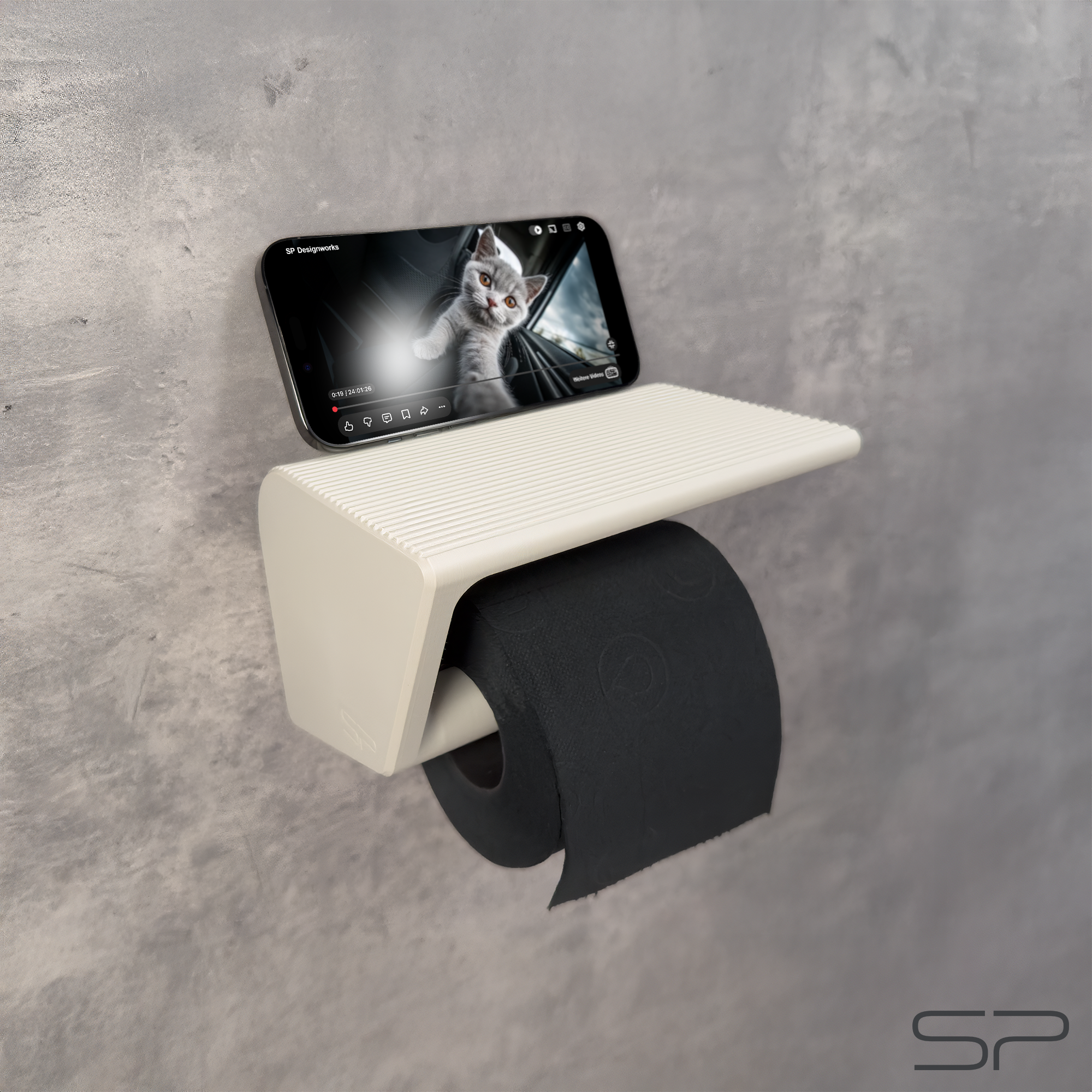 3D-gedruckter Toilettenpapierhalter mit Handy- und Tablet-Ständer sowie Ablage | variabler Betrachtungswinkel | ohne Bohren