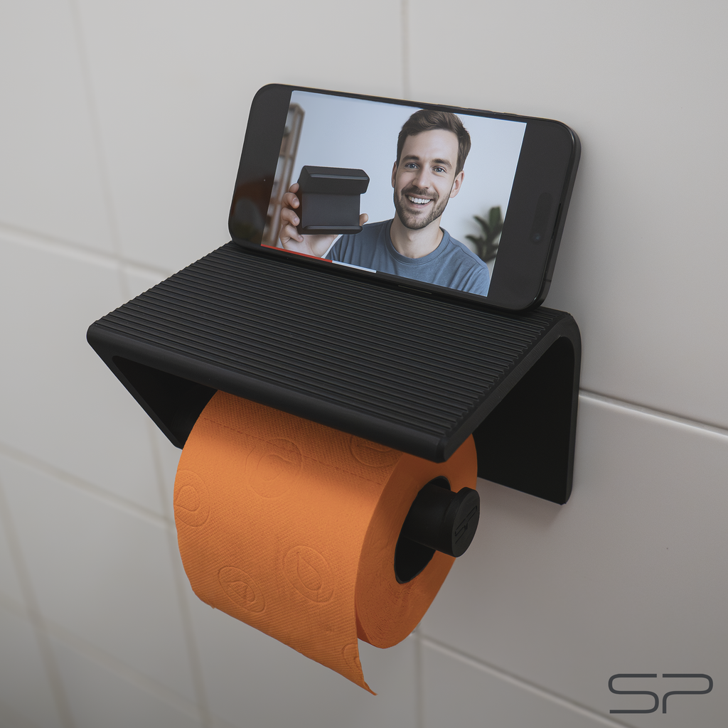 3D-gedruckter Toilettenpapierhalter mit Handy- und Tablet-Ständer sowie Ablage | variabler Betrachtungswinkel | ohne Bohren