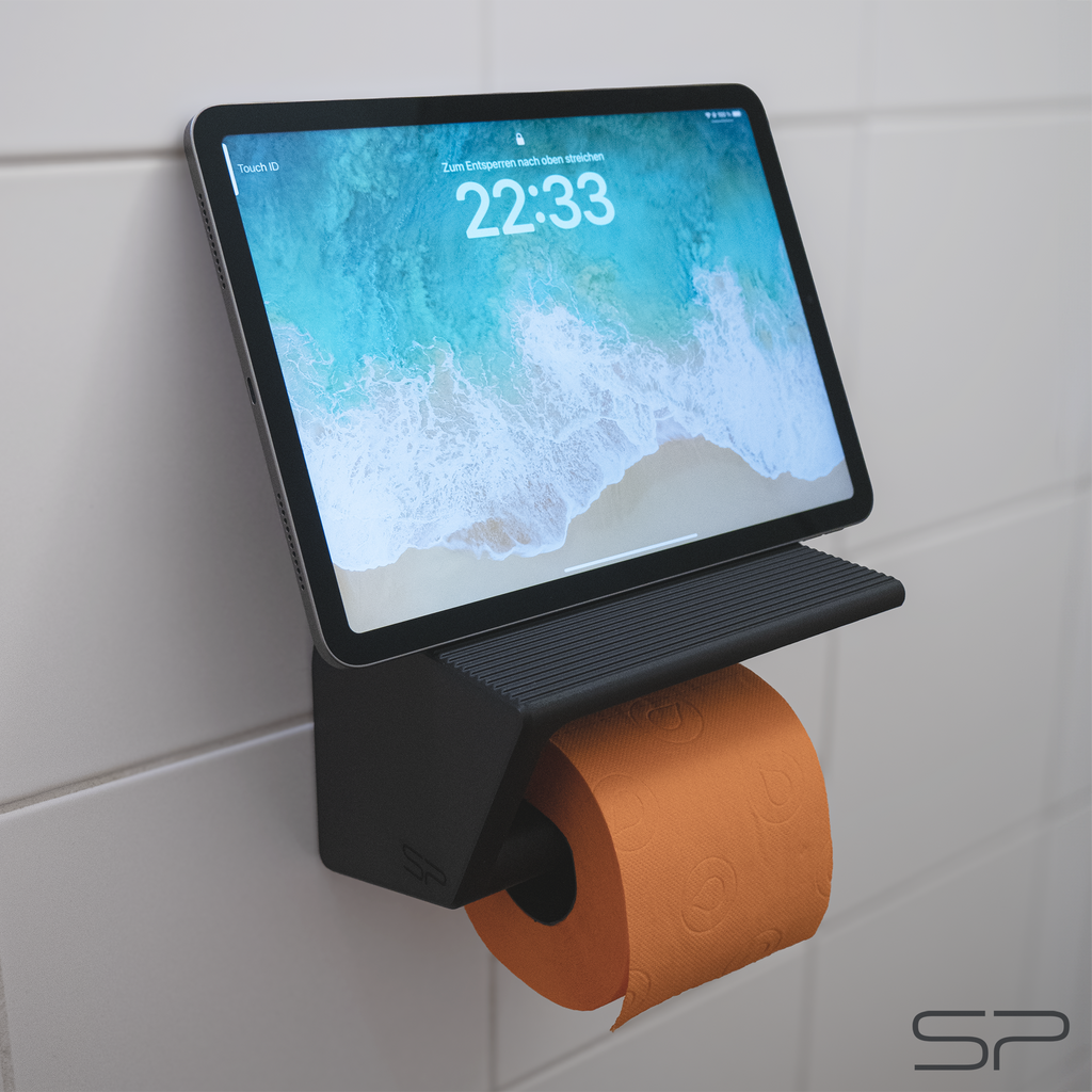 3D-gedruckter Toilettenpapierhalter mit Handy- und Tablet-Ständer sowie Ablage | variabler Betrachtungswinkel | ohne Bohren