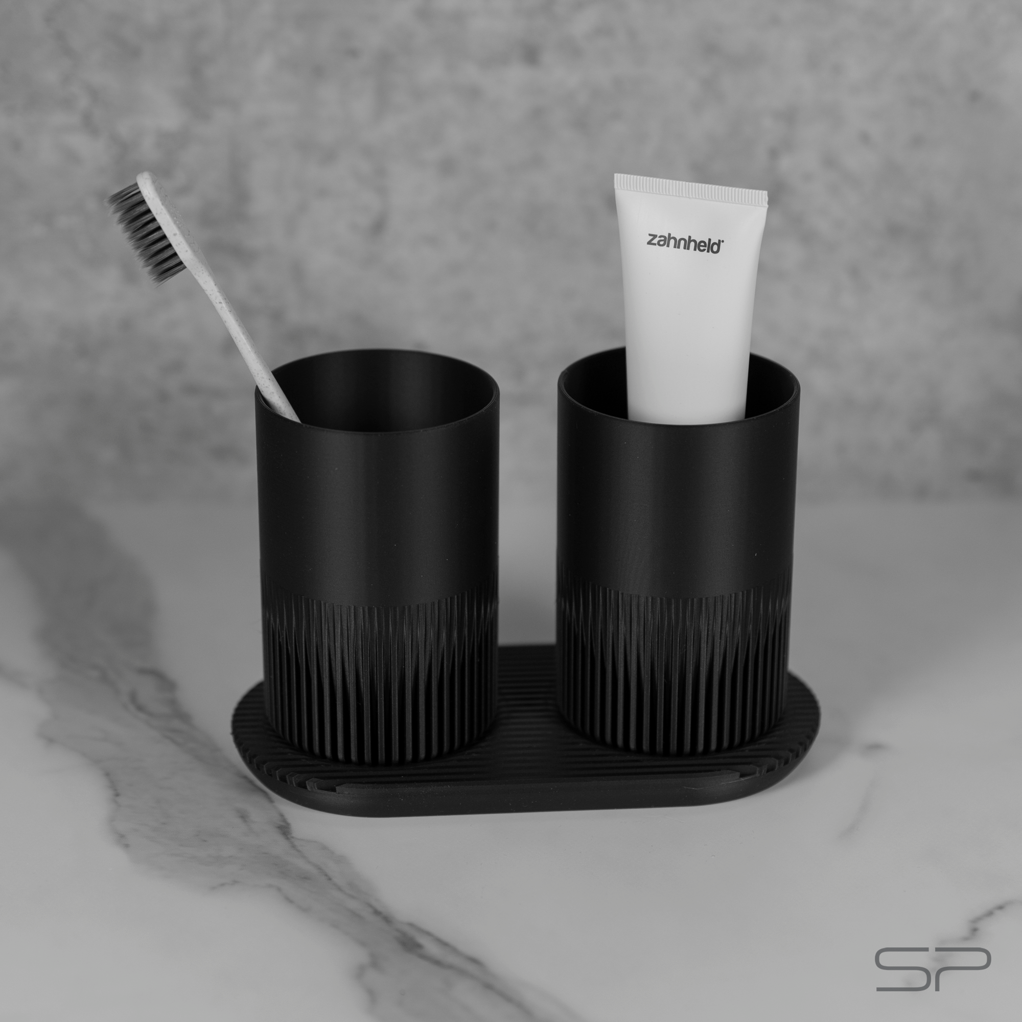 Design Zahnputzbecher Set mit Ablage | 2 Zahnbürstenbecher | Ablage mit Abtropfrillen | Minimalistischer Design Zahnbürstenhalter
