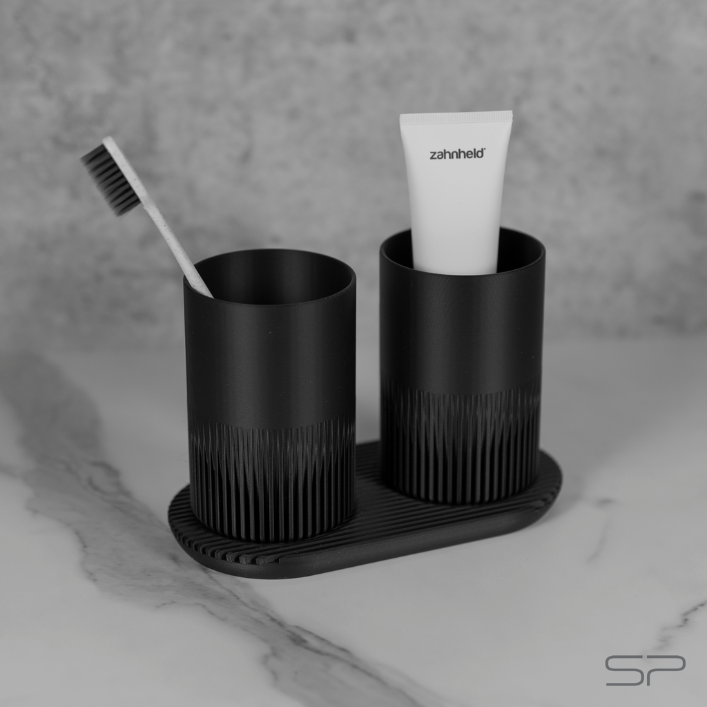 Design Zahnputzbecher Set mit Ablage | 2 Zahnbürstenbecher | Ablage mit Abtropfrillen | Minimalistischer Design Zahnbürstenhalter