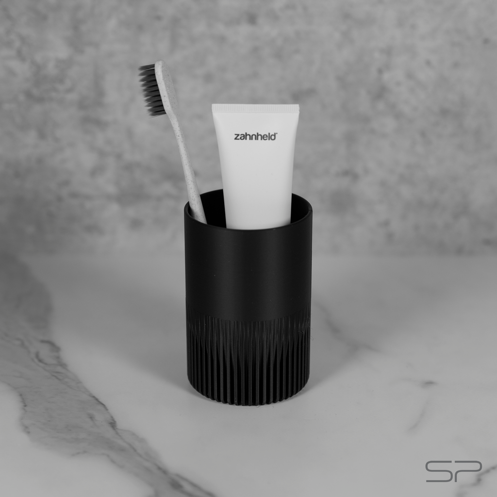 Design Zahnputzbecher Set mit Ablage | 2 Zahnbürstenbecher | Ablage mit Abtropfrillen | Minimalistischer Design Zahnbürstenhalter