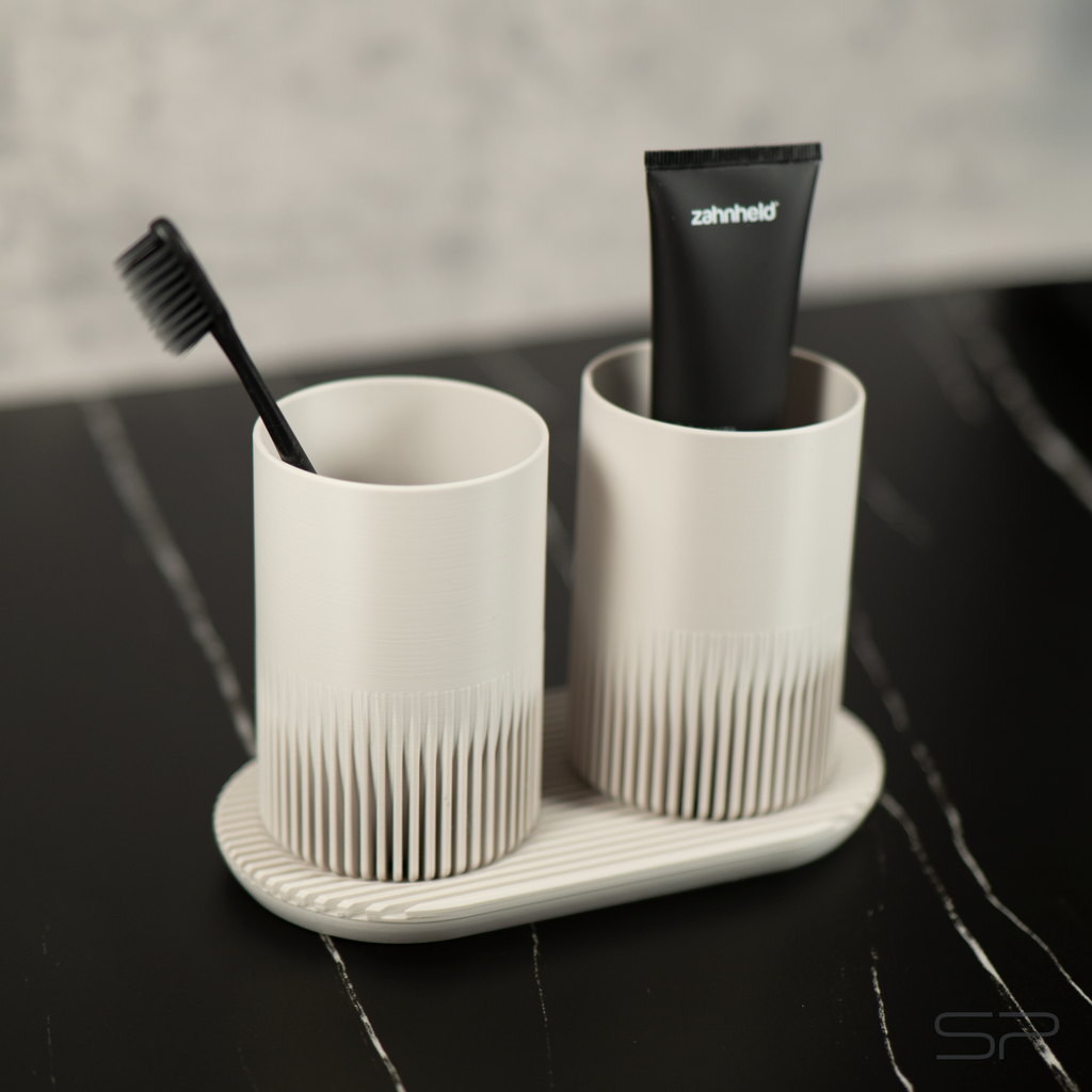 Design Zahnputzbecher Set mit Ablage | 2 Zahnbürstenbecher | Ablage mit Abtropfrillen | Minimalistischer Design Zahnbürstenhalter