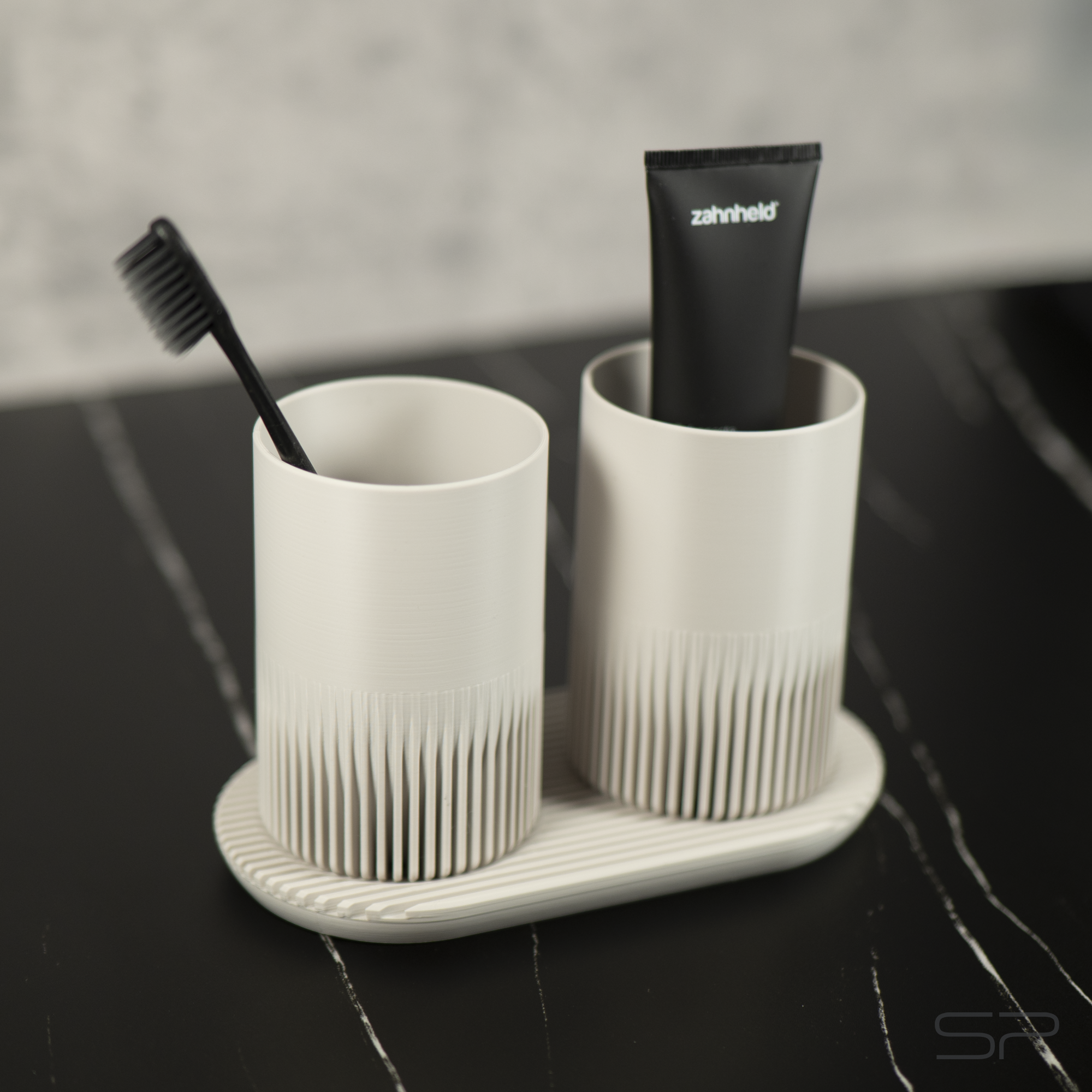 Design Zahnputzbecher Set mit Ablage | 2 Zahnbürstenbecher | Ablage mit Abtropfrillen | Minimalistischer Design Zahnbürstenhalter