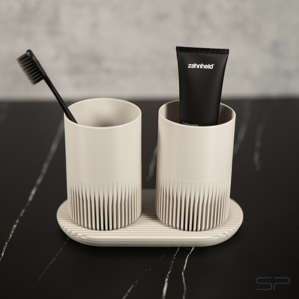 Design Zahnputzbecher Set mit Ablage | 2 Zahnbürstenbecher | Ablage mit Abtropfrillen | Minimalistischer Design Zahnbürstenhalter
