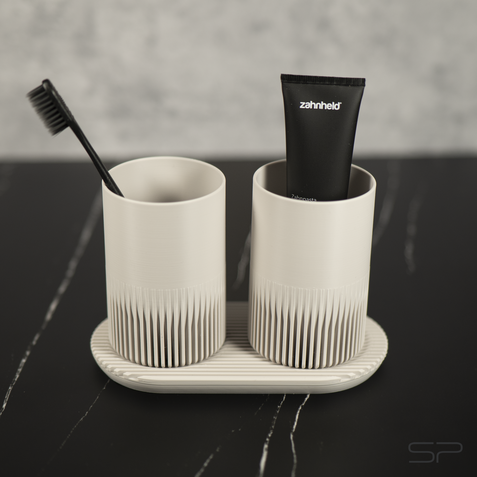 Design Zahnputzbecher Set mit Ablage | 2 Zahnbürstenbecher | Ablage mit Abtropfrillen | Minimalistischer Design Zahnbürstenhalter